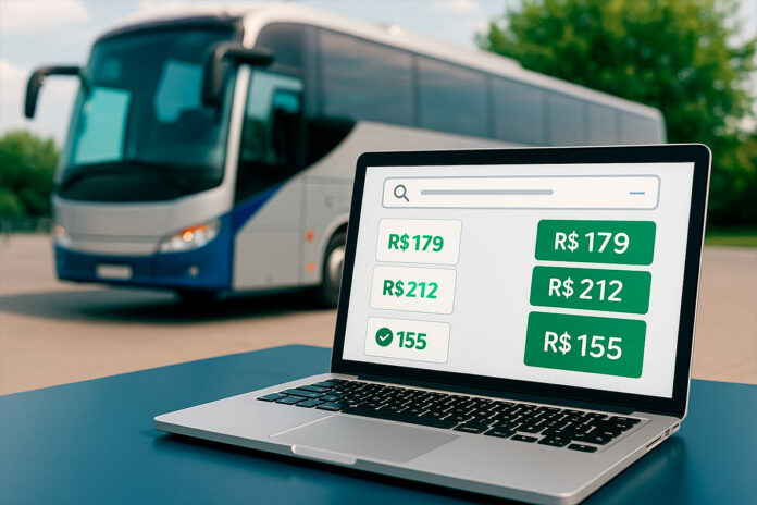 onibus-e-busca-de-passagem-barata-online Ônibus moderno estacionado ao fundo com um notebook aberto à frente exibindo uma tela de busca de passagem de ônibus com preços em reais.