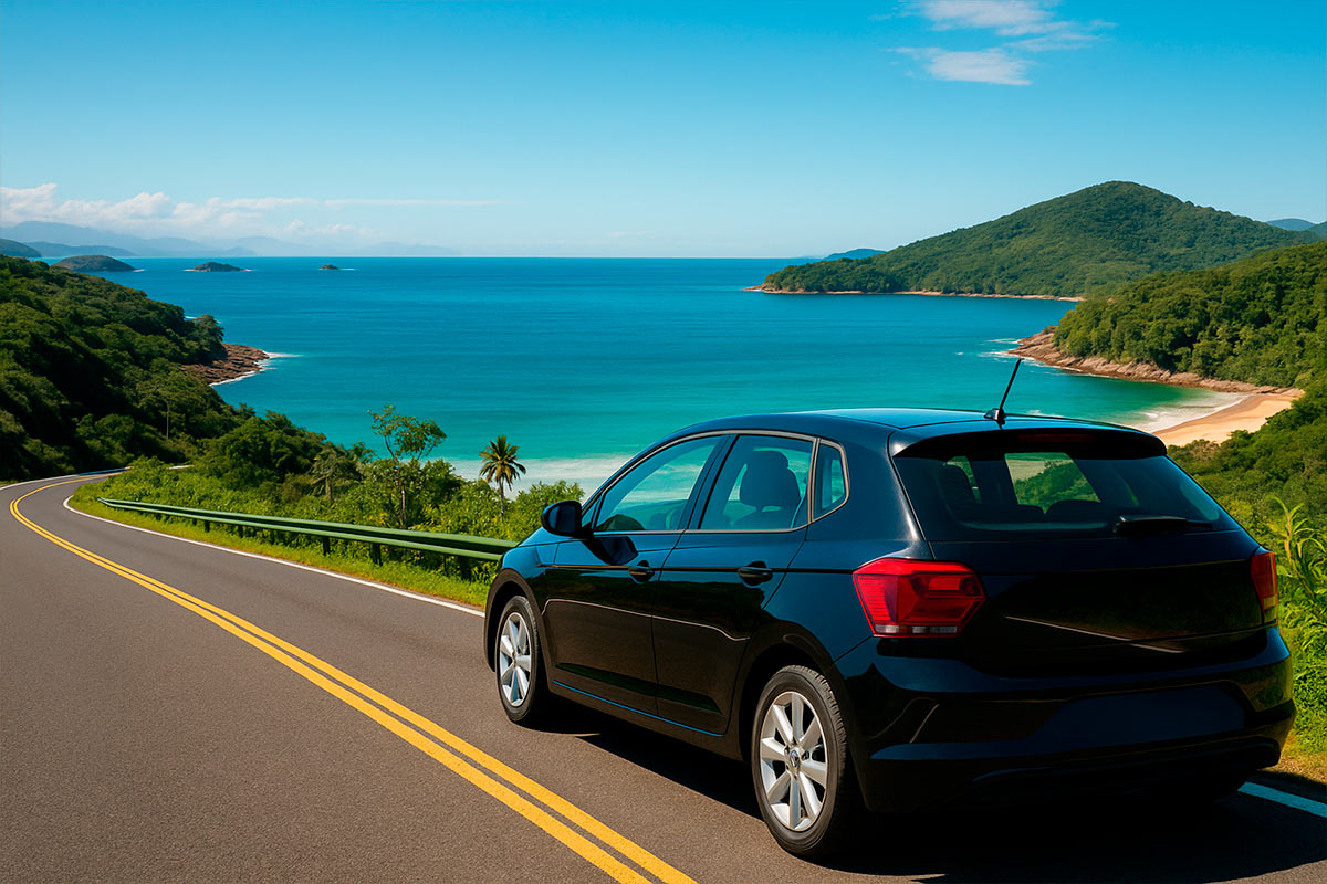 Carro moderno em estrada sinuosa da Rio-Santos com vista para o mar e montanhas de Paraty ao fundo, representando viagem pela Costa Verde.