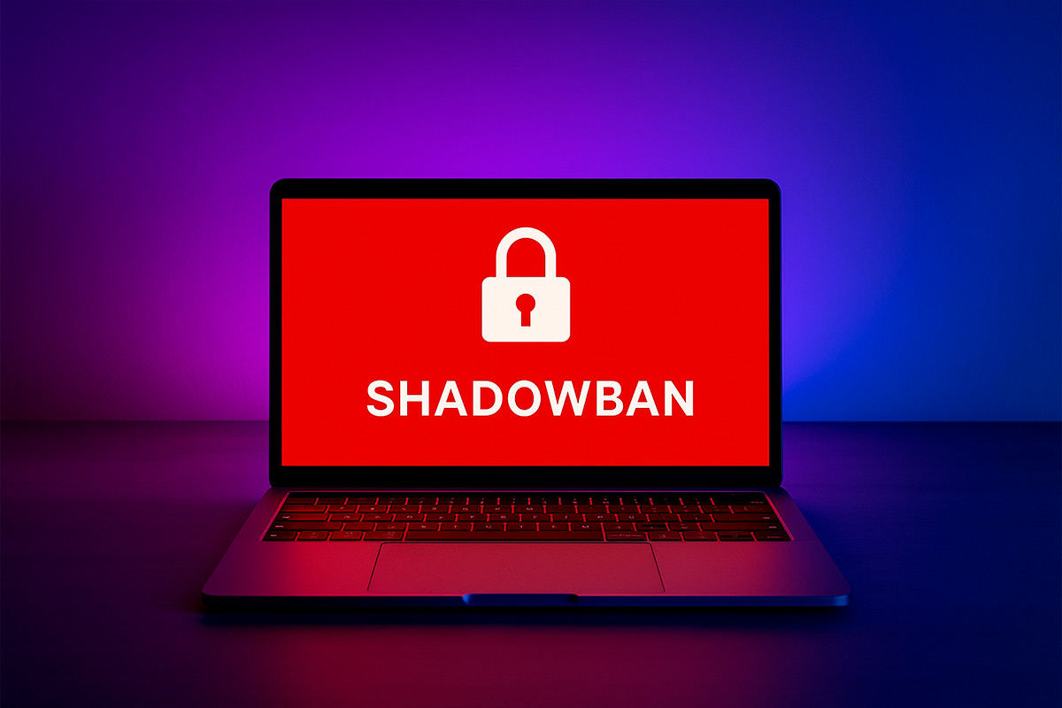 Notebook prateado aberto em ambiente escuro com luzes em tons roxos e azulados, exibindo alerta de shadowban, representando penalizações invisíveis no Camera Prive.