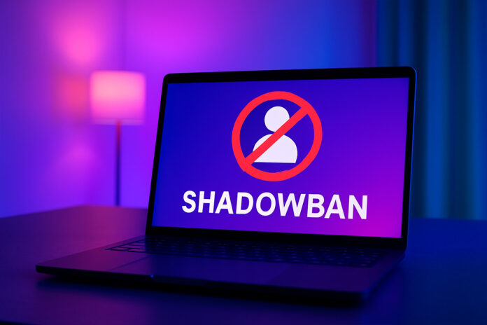 Notebook moderno em uma sala com iluminação roxa e azul, exibindo um alerta de shadowban na tela, representando o impacto das restrições em conteúdo sensual nas redes sociais.
