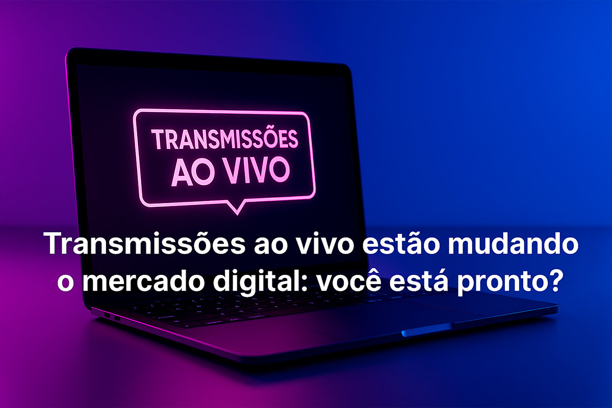 Notebook exibindo uma transmissão ao vivo em tela com ambiente moderno e iluminado, representando o impacto das lives no mercado digital em 2025.