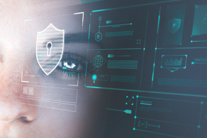 Rosto de uma mulher em destaque com interface digital de segurança sobreposta, representando privacidade e uso de VPN para acessar conteúdo adulto com segurança em 2025.