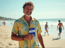 Homem estrangeiro sorridente segurando documento de residência brasileira em uma praia tropical, simbolizando imigração legal para o Brasil em 2025