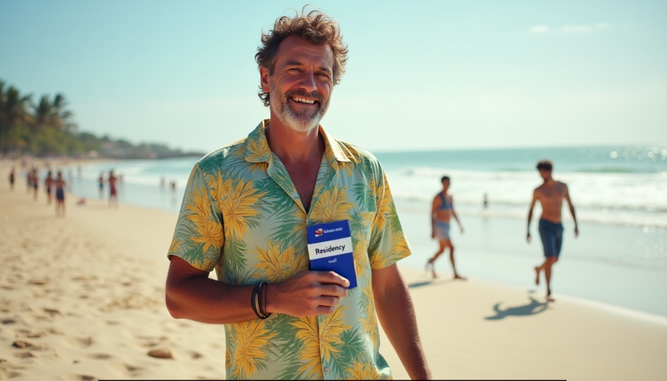Homem estrangeiro sorridente segurando documento de residência brasileira em uma praia tropical, simbolizando imigração legal para o Brasil em 2025