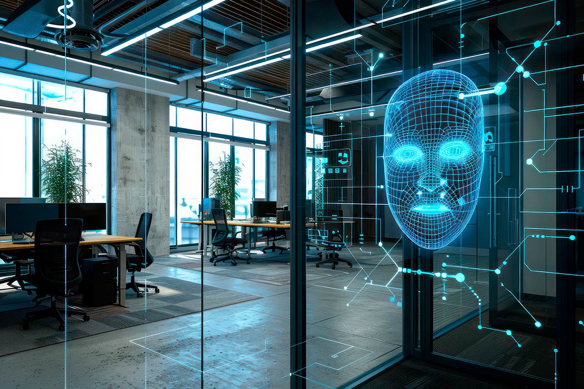 Interface de inteligência artificial futurista em escritório moderno, com rosto digital azul flutuando em painel de vidro representando IA estratégica no ambiente corporativo.