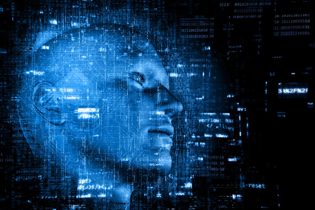 Rosto humano digitalizado em azul entre códigos binários e dados, simbolizando a fusão entre mente e inteligência artificial no ambiente tecnológico.