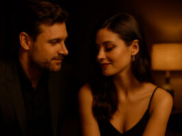 Casal sorrindo em ambiente aconchegante e intimista, simbolizando confiança e descoberta de fantasias com segurança emocional.