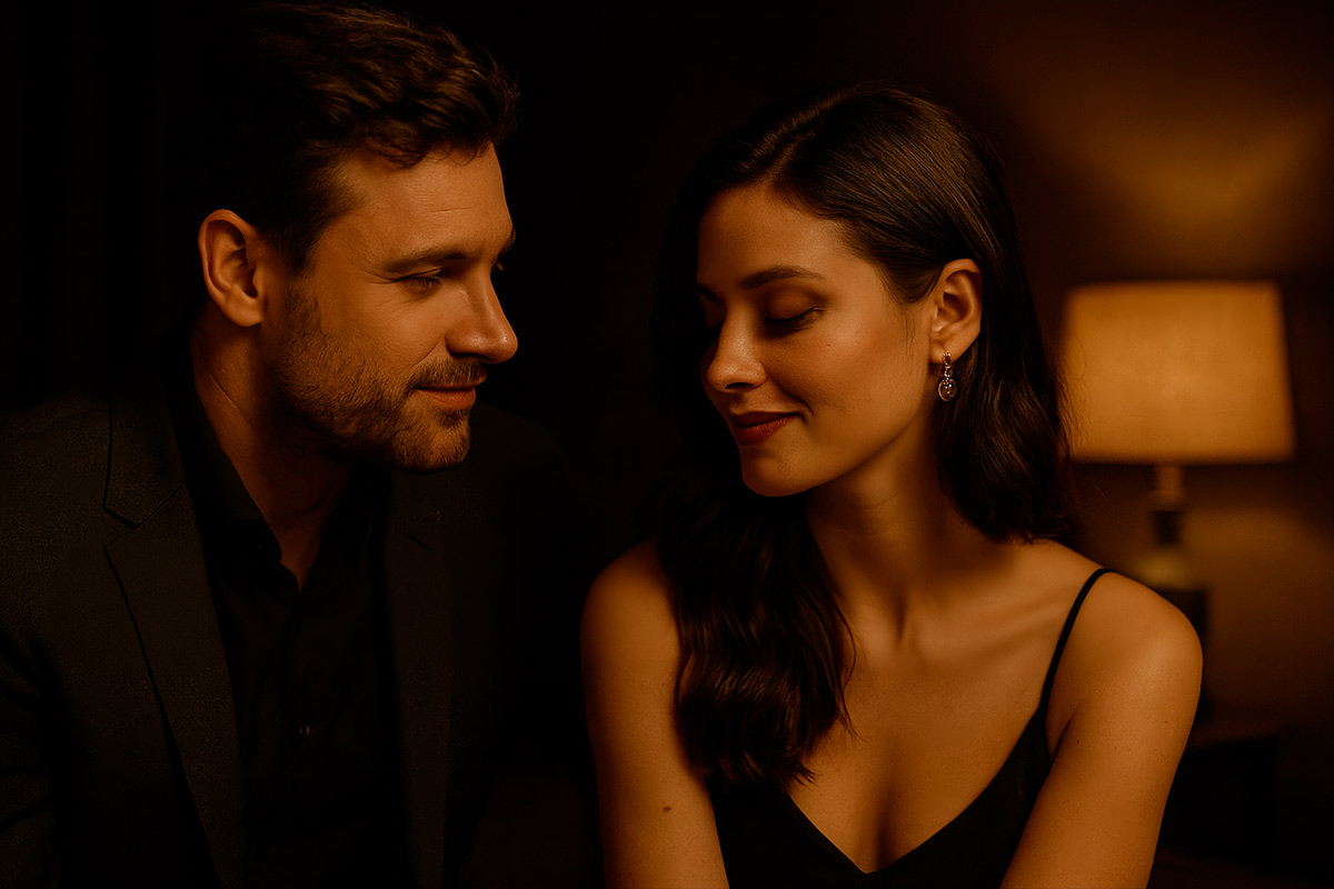 Casal sorrindo em ambiente aconchegante e intimista, simbolizando confiança e descoberta de fantasias com segurança emocional.