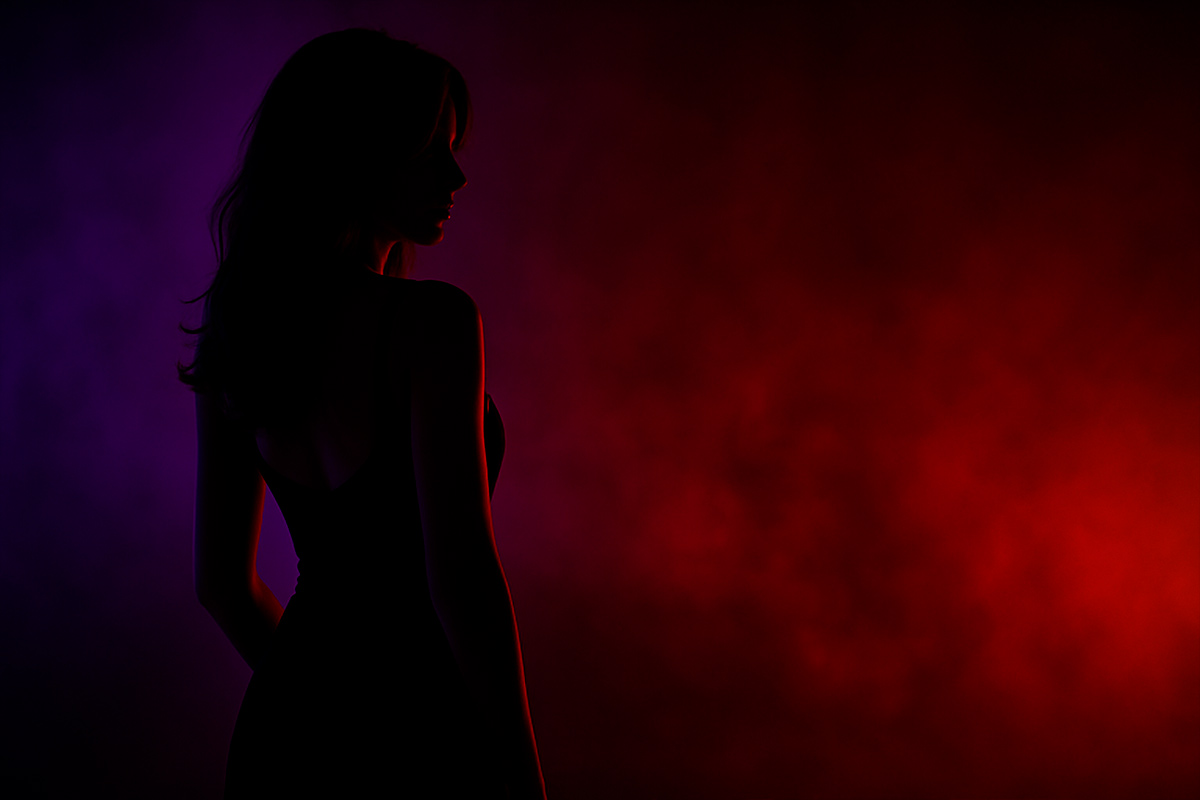Silhueta de uma mulher elegante em ambiente escuro com luz suave em tons roxos, representando mistério e sensualidade em uma rede social adulta secreta.