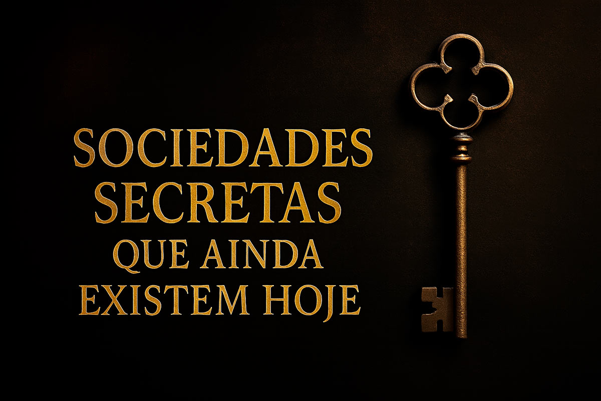 Imagem simbólica em fundo escuro com elementos místicos representando sociedades secretas que ainda existem no mundo atual, como a Schlaraffia.