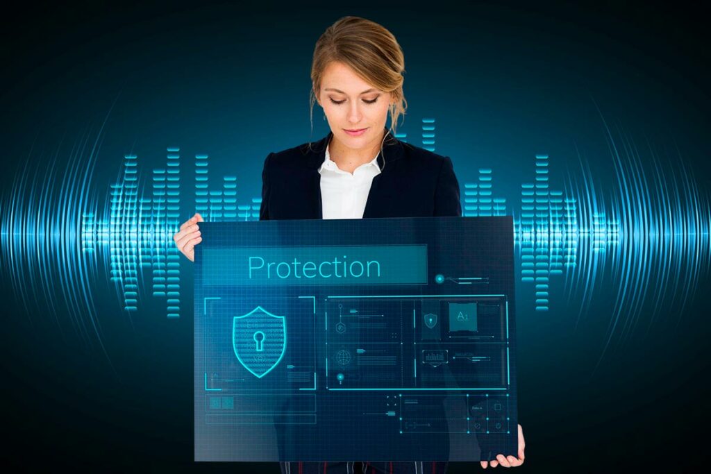 ulher segurando painel digital com a palavra proteção, simbolizando segurança contra clonagem de voz por inteligência artificial