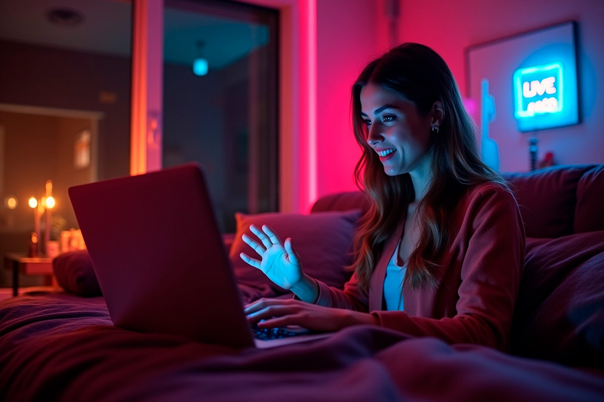 Mulher sorridente transmitindo ao vivo em seu laptop com luzes neon no quarto, simbolizando como ganhar dinheiro com lives, vídeos e assinaturas online