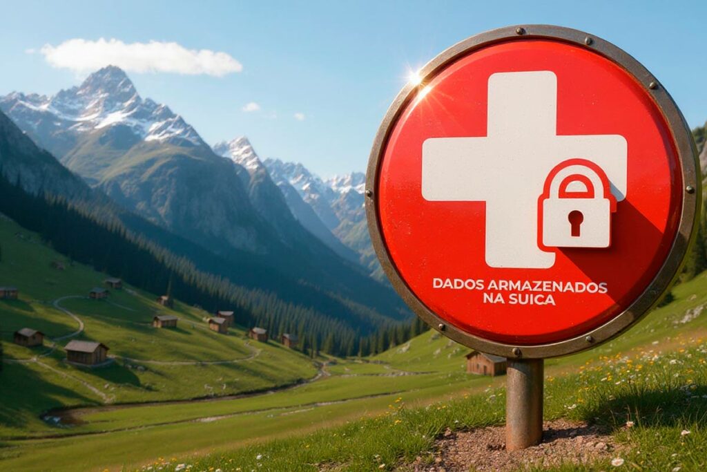 Placa vermelha com cruz branca e cadeado escrito "Dados armazenados na Suíça", posicionada em um vale alpino suíço com montanhas ao fundo, simbolizando segurança e privacidade no armazenamento em nuvem