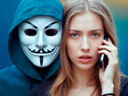 Mulher assustada ao telefone com golpista mascarado atrás, representando o golpe da ligação silenciosa e clonagem de voz com inteligência artificial