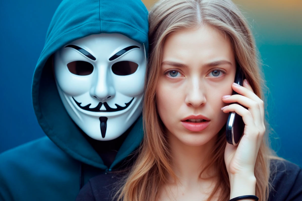 Mulher assustada ao telefone com golpista mascarado atrás, representando o golpe da ligação silenciosa e clonagem de voz com inteligência artificial