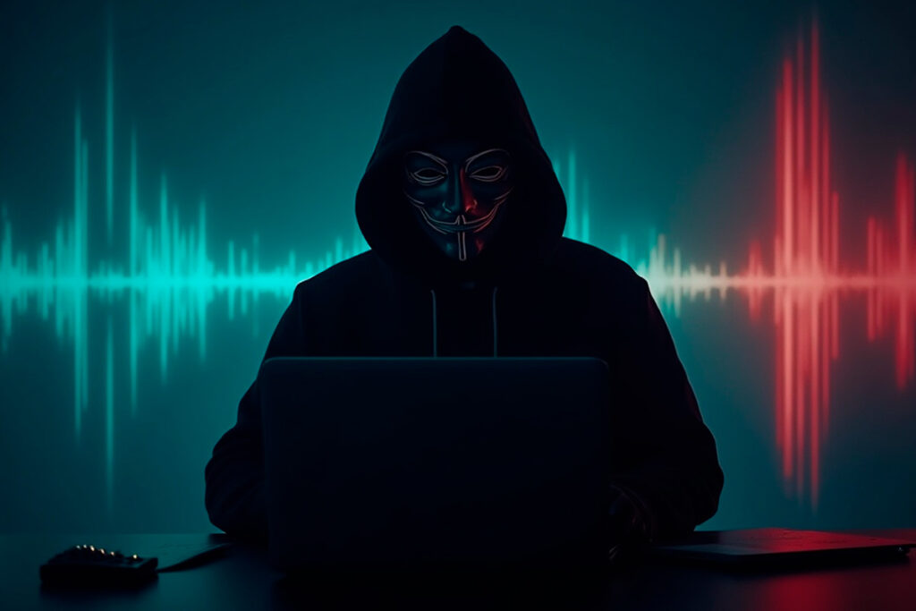 Hacker mascarado usando notebook com ondas sonoras ao fundo, simbolizando clonagem de voz com inteligência artificial