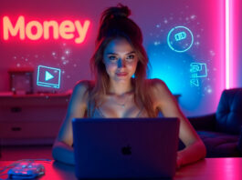 Mulher confiante usando laptop em quarto iluminado por luzes neon rosa e azul, com ícones digitais de dinheiro e vídeo ao redor, simbolizando como ganhar dinheiro vendendo conteúdo adulto online