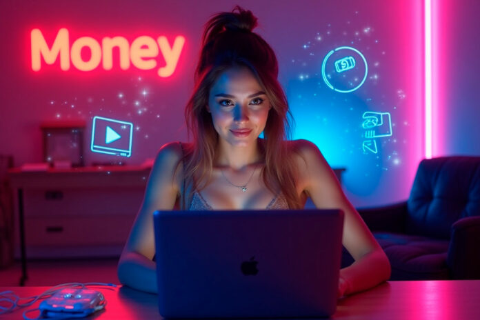 Mulher confiante usando laptop em quarto iluminado por luzes neon rosa e azul, com ícones digitais de dinheiro e vídeo ao redor, simbolizando como ganhar dinheiro vendendo conteúdo adulto online