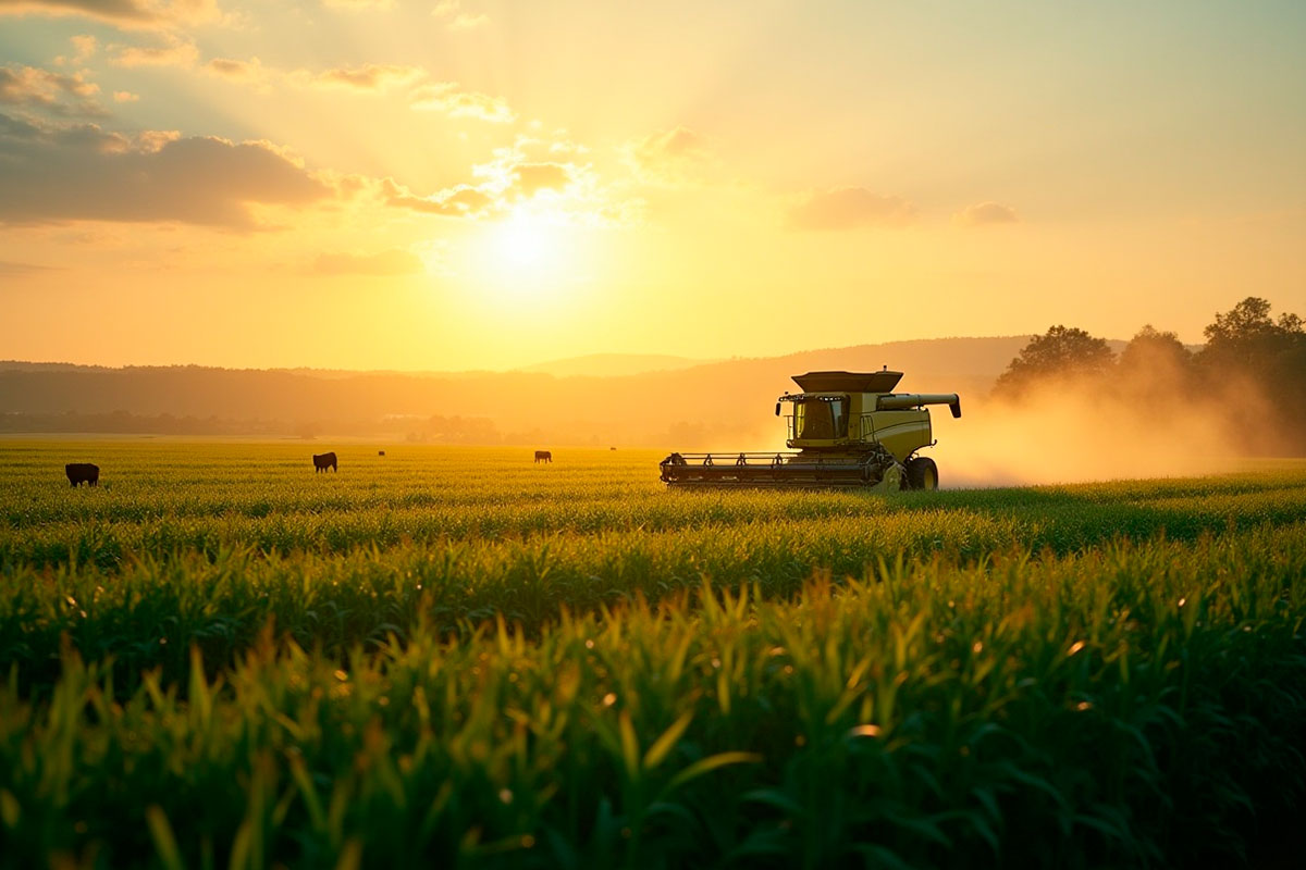 Colheitadeira trabalhando em grande fazenda brasileira ao pôr do sol com gado ao fundo, simbolizando a produtividade do agronegócio no Brasil