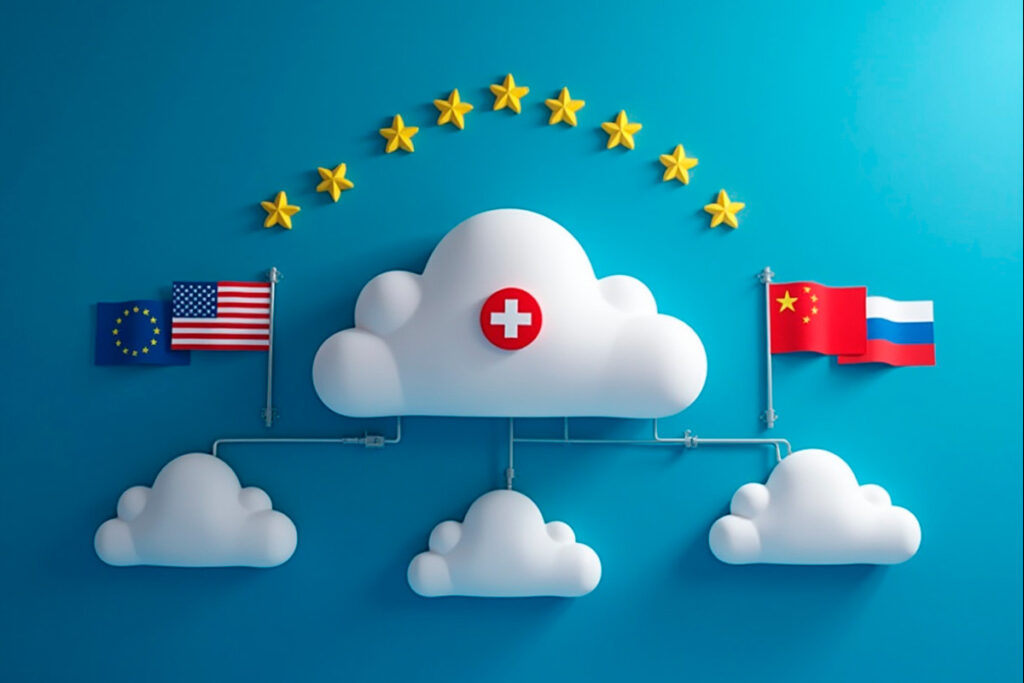 Ilustração de nuvem com bandeira da Suíça cercada por estrelas da União Europeia, conectada a outras nuvens com bandeiras dos EUA, China e Rússia, representando diferentes jurisdições de armazenamento em nuvem e a neutralidade suíça