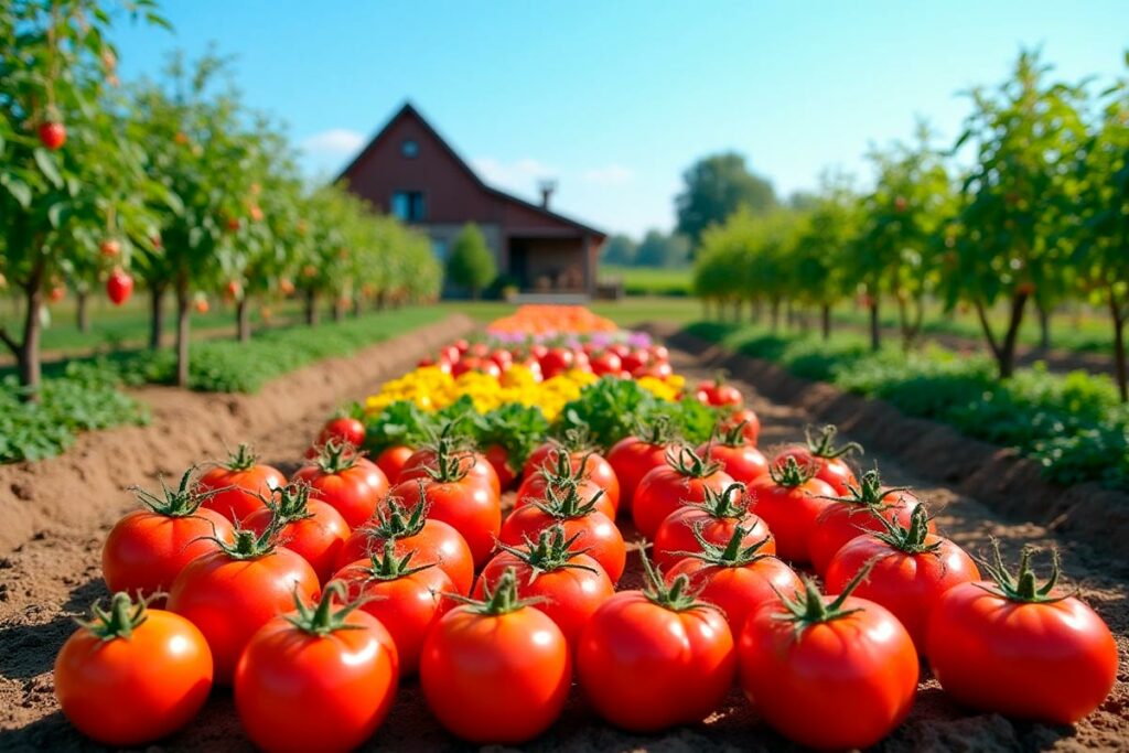 Pequena propriedade rural com fileiras de tomates, flores e árvores frutíferas, mostrando diversificação de cultivo em pequenas áreas