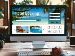 Hospedagem gratuita (ou quase): guia real para viajar gastando menos em 2025 Pessoa acessando site de reservas de hospedagem em computador, simbolizando comparação entre hotéis pagos e alternativas de hospedagem gratuita ou quase gratuita