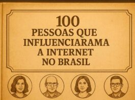 Capa realista de livro com o título “100 pessoas que influenciaram a Internet no Brasil”, em fundo bege envelhecido, com retratos ilustrados em estilo sépia.
