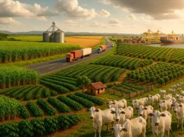 AGRO no Brasil: melhores culturas por região, logística, clima e como começar pequeno Panorama da agricultura brasileira com soja, cana-de-açúcar, café, milho, frutas, gado de corte, rodovias com caminhões e porto de exportação ao pôr do sol