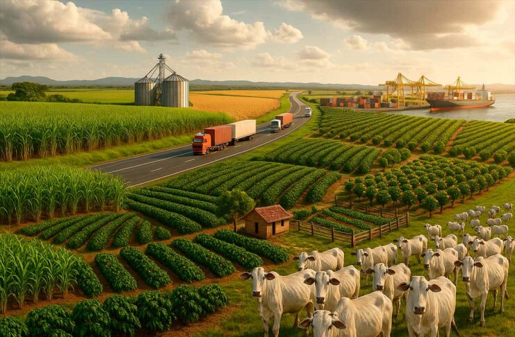 Panorama da agricultura brasileira com soja, cana-de-açúcar, café, milho, frutas, gado de corte, rodovias com caminhões e porto de exportação ao pôr do sol