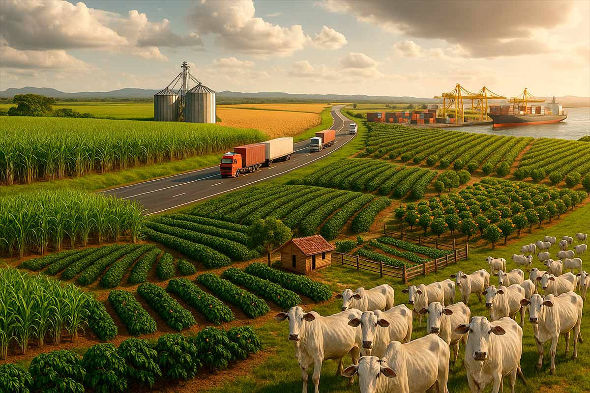 Panorama da agricultura brasileira com soja, cana-de-açúcar, café, milho, frutas, gado de corte, rodovias com caminhões e porto de exportação ao pôr do sol