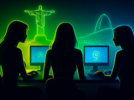 Melhores Sites de Camgirls Brasileiras para 2025 +18 Ilustração digital em neon de camgirls brasileiras transmitindo em frente a webcams, com o Cristo Redentor e o Pão de Açúcar estilizados ao fundo.