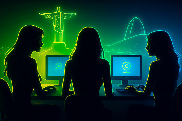 Ilustração digital em neon de camgirls brasileiras transmitindo em frente a webcams, com o Cristo Redentor e o Pão de Açúcar estilizados ao fundo.