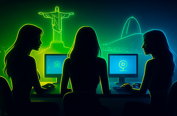 Ilustração digital em neon de camgirls brasileiras transmitindo em frente a webcams, com o Cristo Redentor e o Pão de Açúcar estilizados ao fundo.
