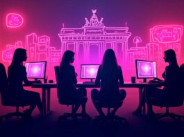Ilustração digital em neon mostrando camgirls alemãs em 2025 transmitindo ao vivo em Berlim