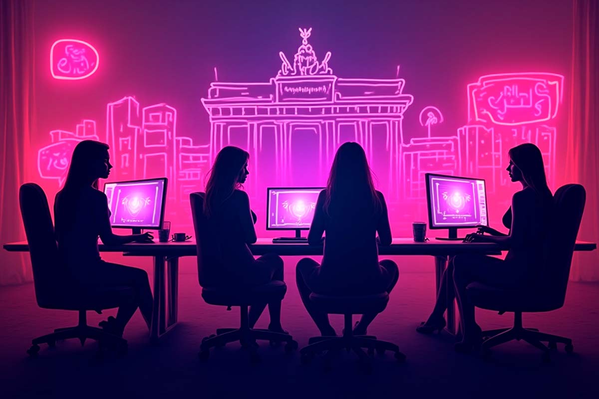 Ilustração digital em neon mostrando camgirls alemãs em 2025 transmitindo ao vivo em Berlim