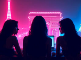 Capa neon com camgirls francesas em frente ao Arco do Triunfo e Torre Eiffel, representando o ranking de 2025 no UHO