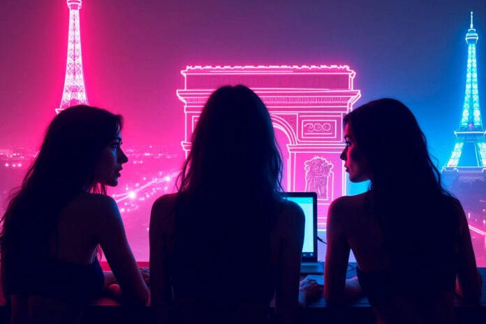 Capa neon com camgirls francesas em frente ao Arco do Triunfo e Torre Eiffel, representando o ranking de 2025 no UHO