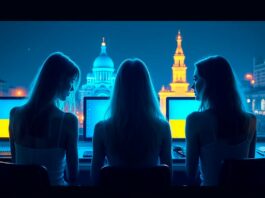 Três mulheres em frente a computadores transmitindo ao vivo com monumentos de Kyiv iluminados ao fundo, em azul e amarelo