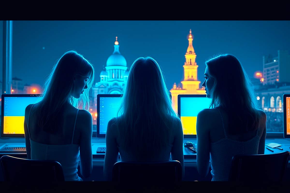 Três mulheres em frente a computadores transmitindo ao vivo com monumentos de Kyiv iluminados ao fundo, em azul e amarelo