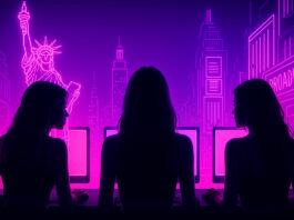 Ilustração digital em estilo neon mostrando silhuetas femininas em frente a computadores, com prédios icônicos dos EUA ao fundo, representando camgirls americanas em 2025.