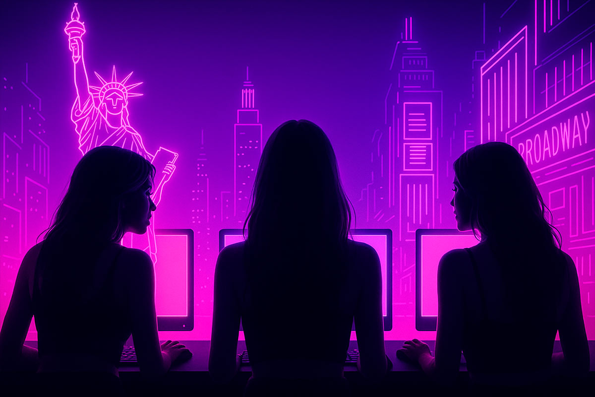 Ilustração digital em estilo neon mostrando silhuetas femininas em frente a computadores, com prédios icônicos dos EUA ao fundo, representando camgirls americanas em 2025.