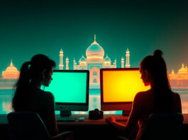 Ilustração digital em estilo neon mostrando silhuetas femininas diante de telas de computador, com o Taj Mahal ao fundo iluminado, representando camgirls indianas em 2025.