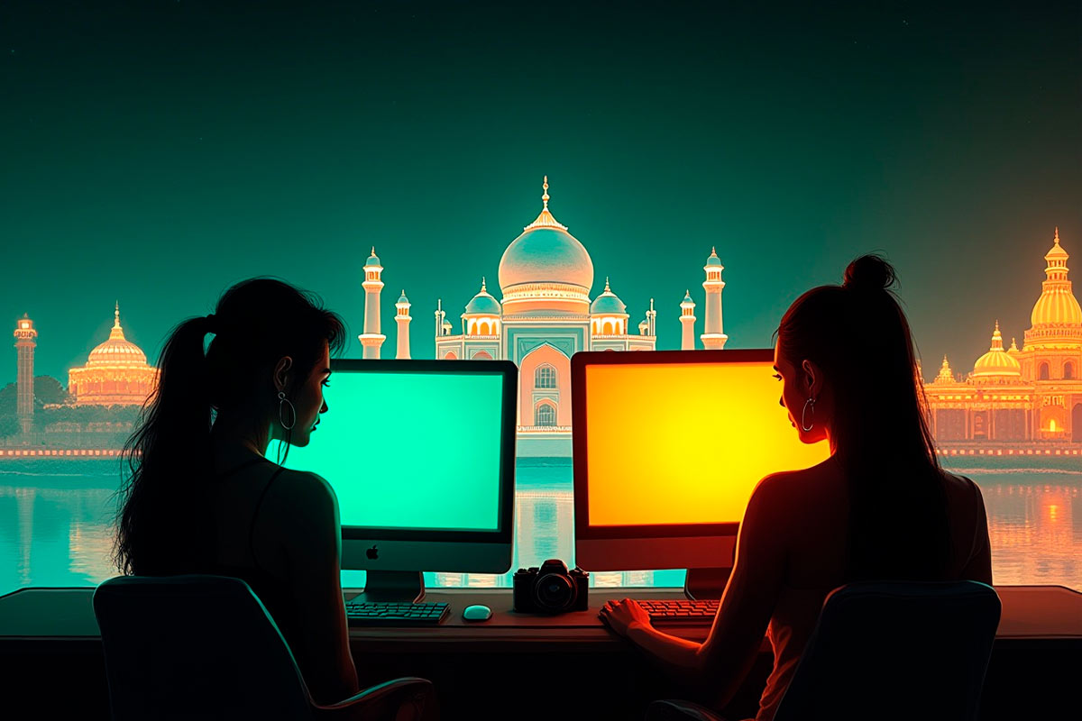Ilustração digital em estilo neon mostrando silhuetas femininas diante de telas de computador, com o Taj Mahal ao fundo iluminado, representando camgirls indianas em 2025.