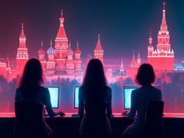 Ilustração digital em estilo neon cyberpunk mostrando silhuetas femininas em frente a computadores, com a Catedral de São Basílio e o Kremlin iluminados ao fundo, representando camgirls russas em 2025.