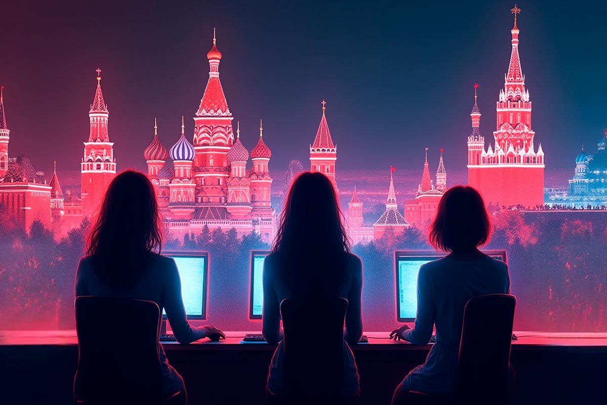Ilustração digital em estilo neon cyberpunk mostrando silhuetas femininas em frente a computadores, com a Catedral de São Basílio e o Kremlin iluminados ao fundo, representando camgirls russas em 2025.