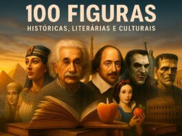 Capa de revista em estilo hiper-realista mostrando colagem de 100 figuras históricas, literárias e culturais ao lado de monumentos mundiais.