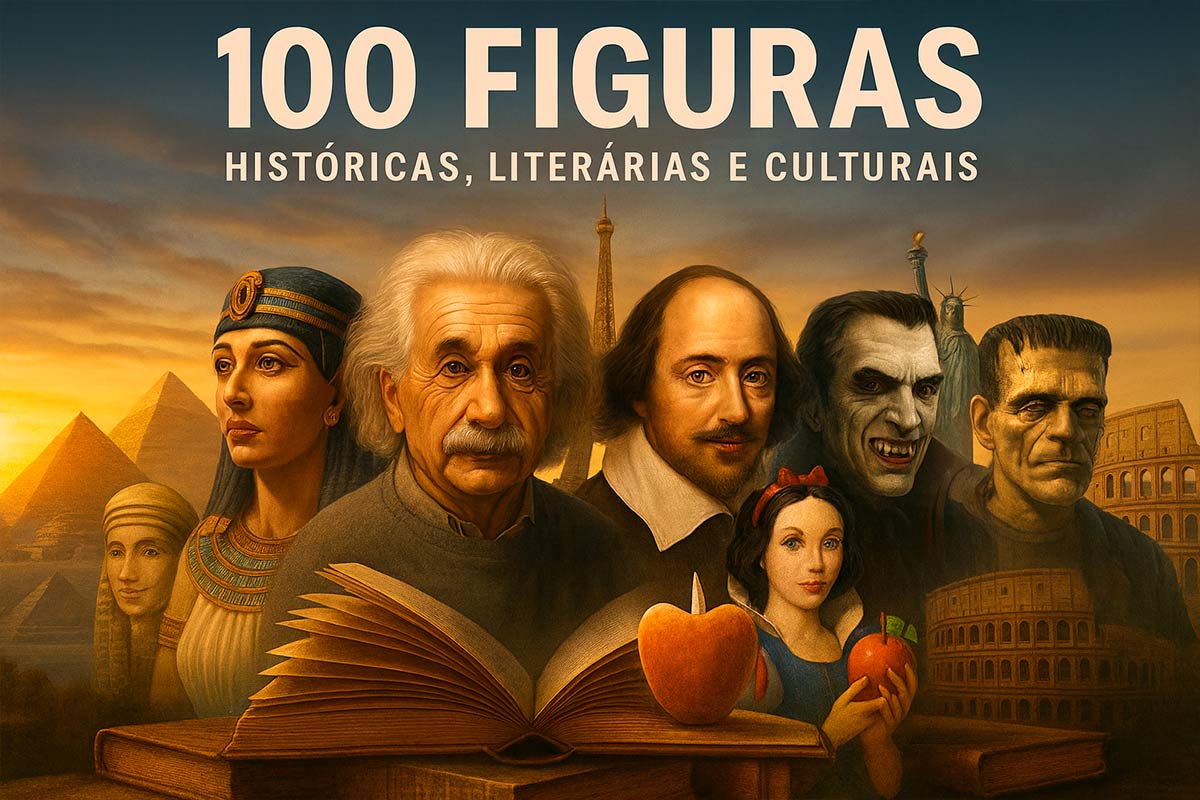 capa-revista-100-figuras-historicas-literarias-culturais Capa de revista em estilo hiper-realista mostrando colagem de 100 figuras históricas, literárias e culturais ao lado de monumentos mundiais.