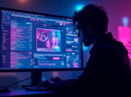 Homem investigando sites adultos em computador, estilo cyberpunk neon com lupa digital na tela