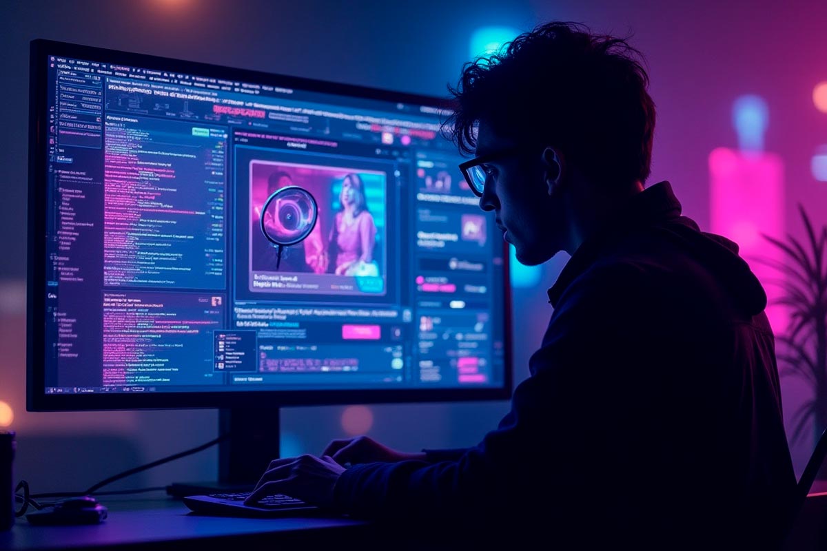 Homem investigando sites adultos em computador, estilo cyberpunk neon com lupa digital na tela