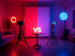 Estúdio dividido em luz vermelha e azul com câmeras e ring lights, representando comparação entre Camera Prive e Chaturbate.